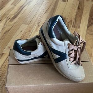 LOFT Beige Sneakers with Black Accents and Tan Laces